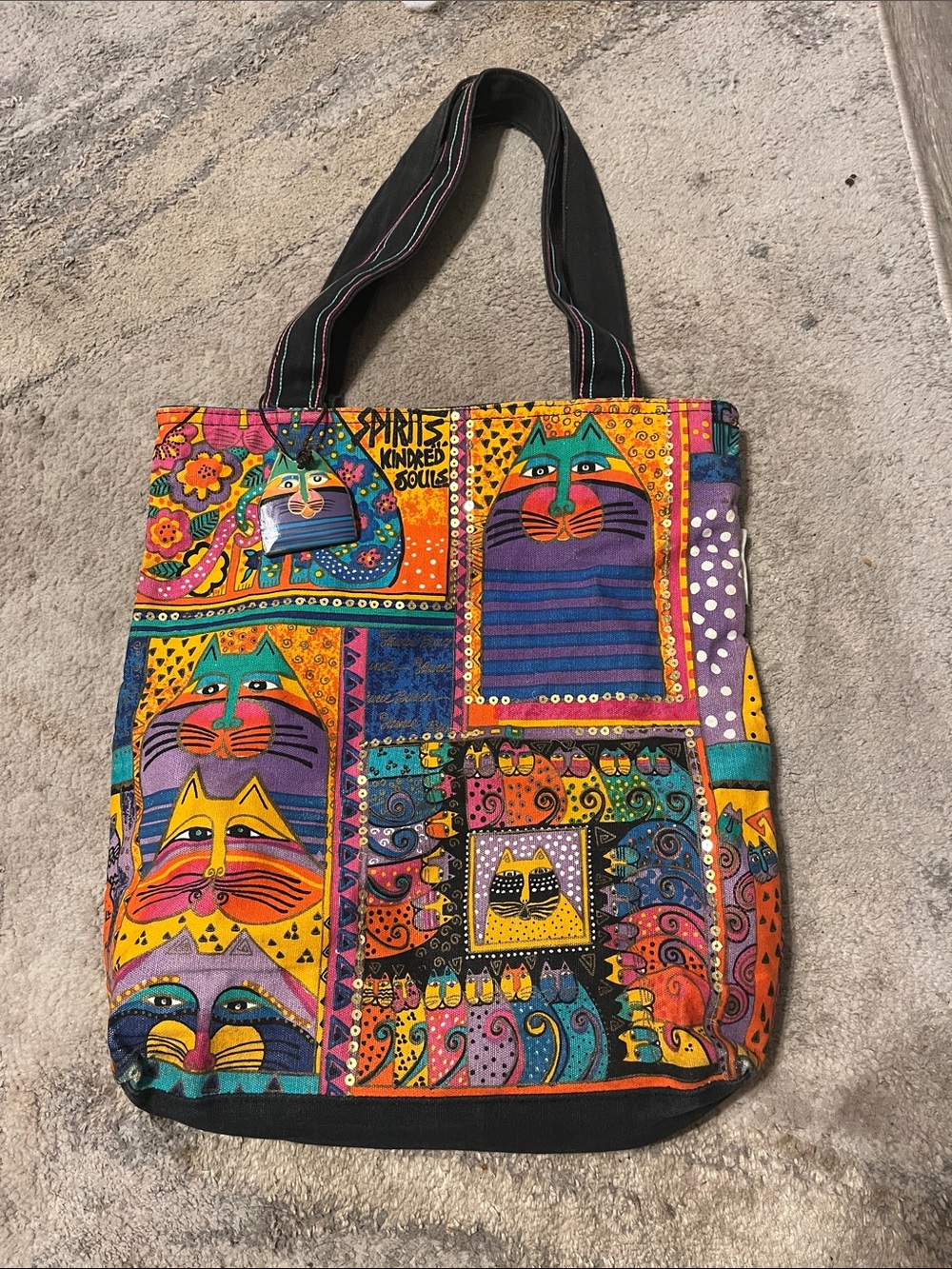Laurel Burch Spirits Kindred Souls Multicolor Cat Patchwork Tote - Black Straps